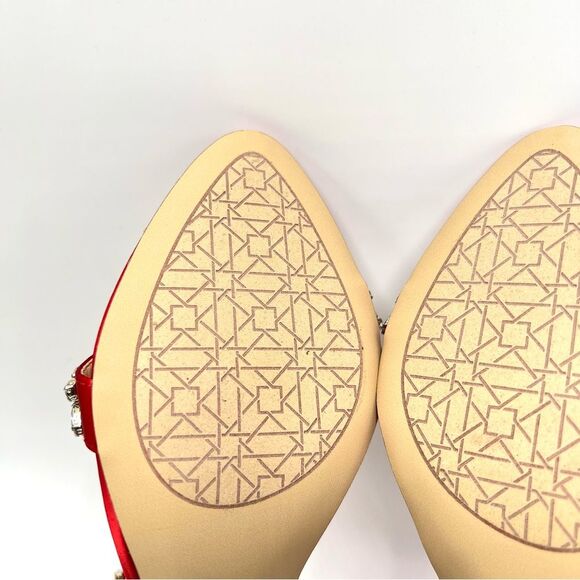 Jewel Badgley Mischka Size 10 Ojai Jeweled Red Satin Heels Dress Sandals Shoes - Picture 10 of 14